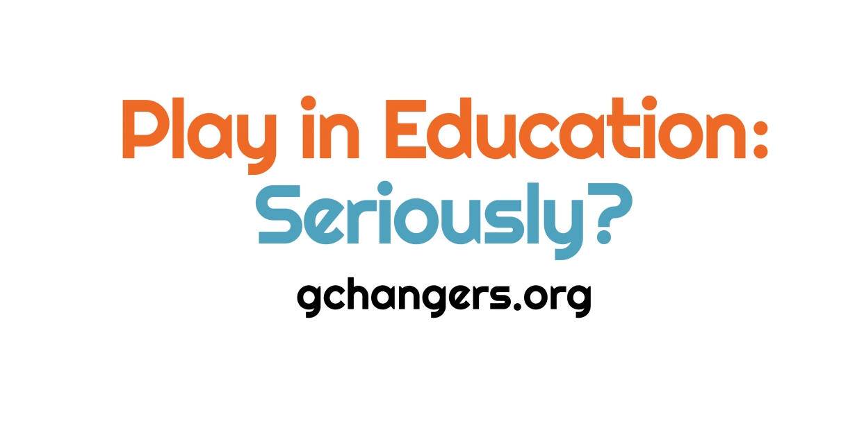 Text reading Play in Education:Seriously? In orange and blue lettering on a white background.