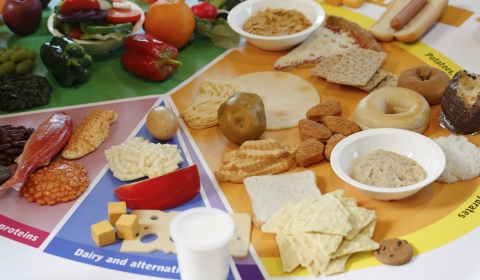 Nutrition wheel split into five 'wedges', separated by colour, each displaying a nutrition category with representative food items on display in each of the categories.