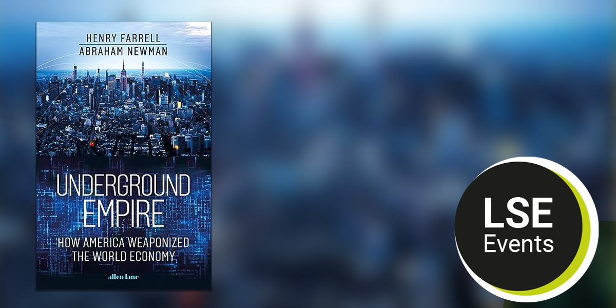 Book cover of Underground Empire on blurred blue background with LSE events logo