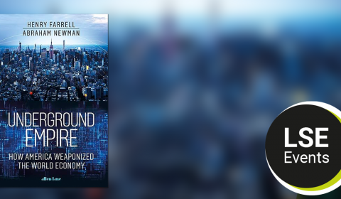 Book cover of Underground Empire on blurred blue background with LSE events logo
