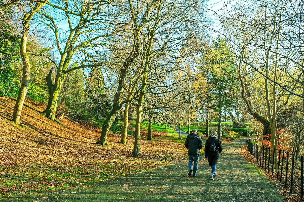 Two people walking in a Glasgow park together with Autumn leaves above and below them.