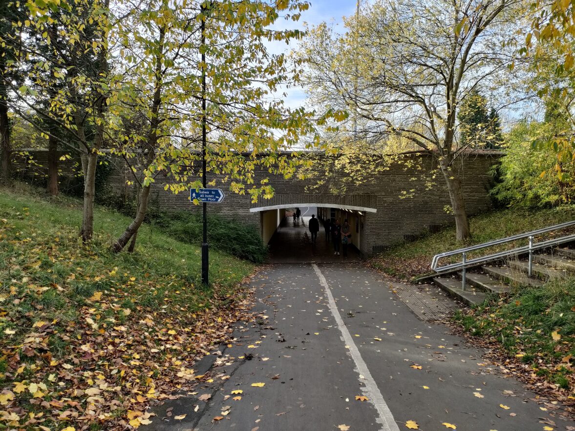 a footpath passes some trees and disappears in to a pedestrian underpass
